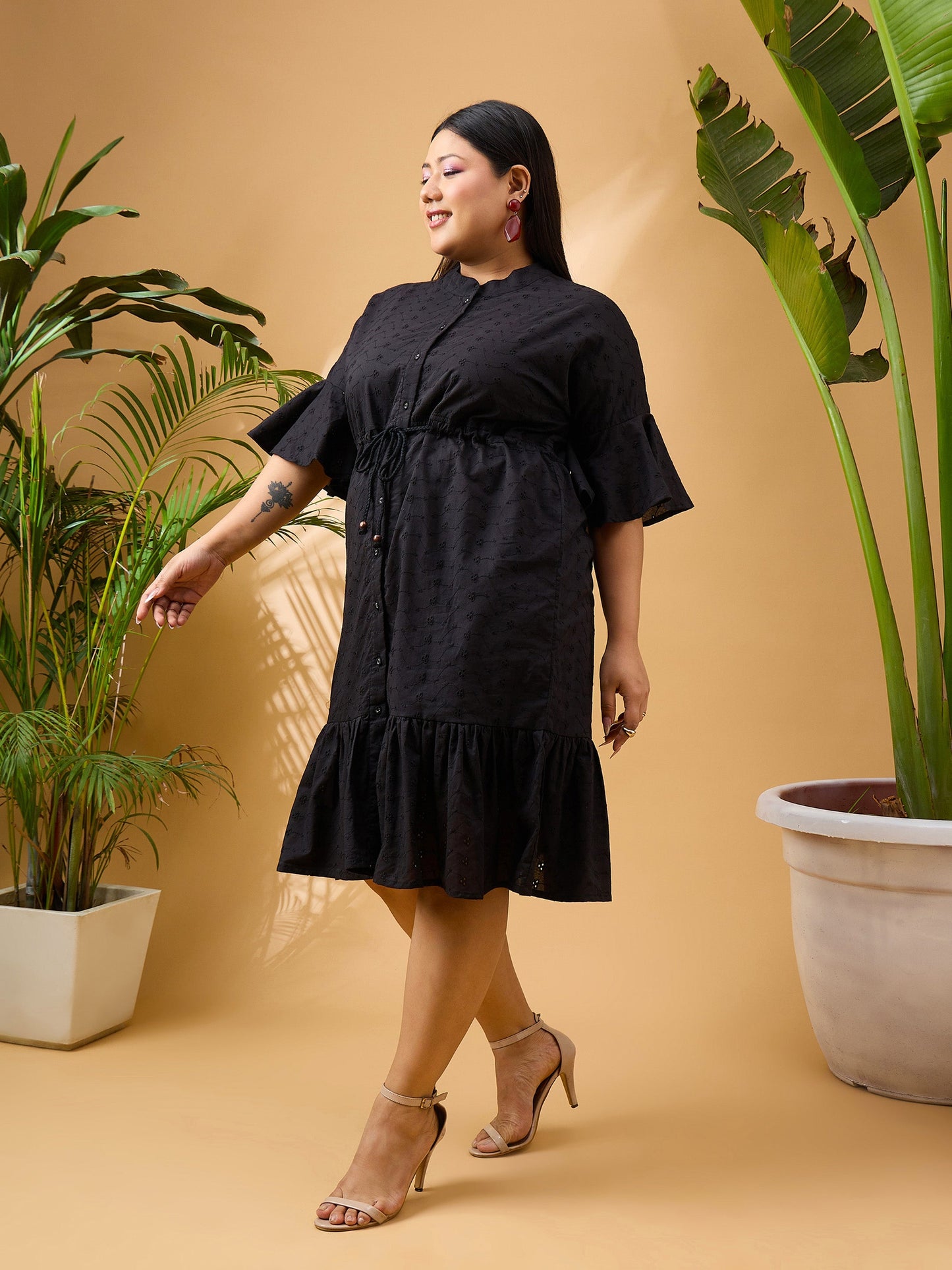 Black Schiffli Frill Sleeve & Hem Short Dress