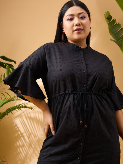 Black Schiffli Frill Sleeve & Hem Short Dress