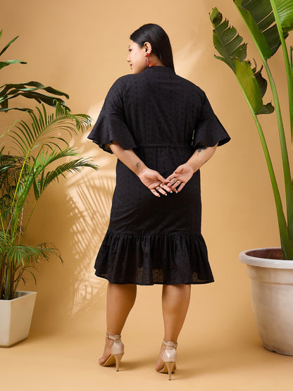 Black Schiffli Frill Sleeve & Hem Short Dress