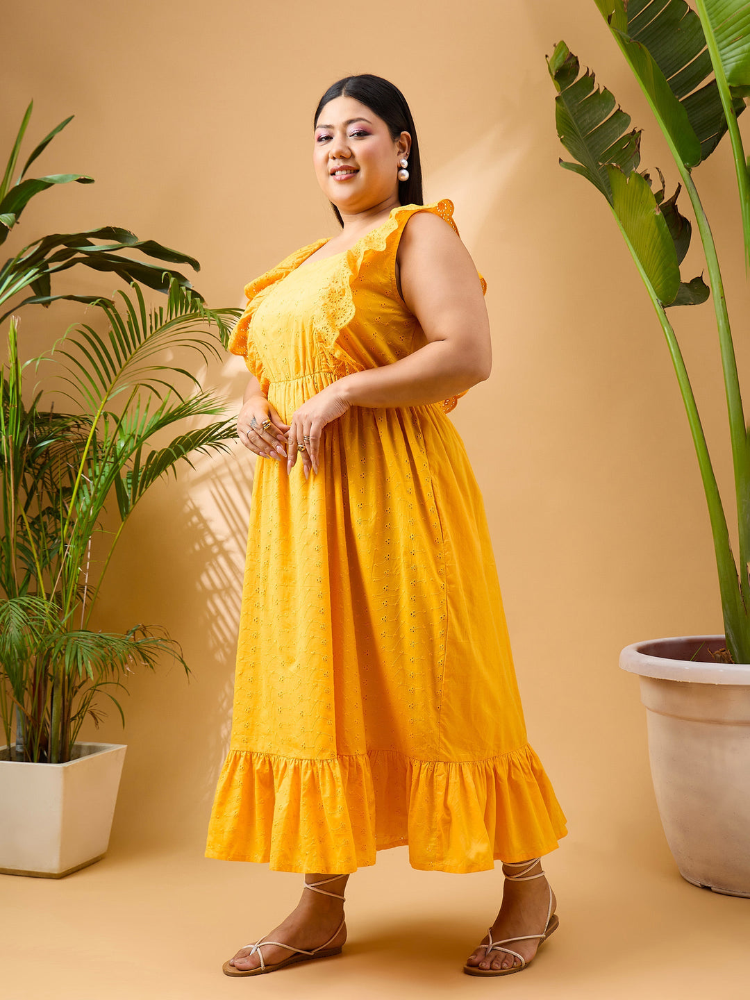 Yellow Schiffli Frill Shoulder Midi Dress-SASSAFRAS Curve