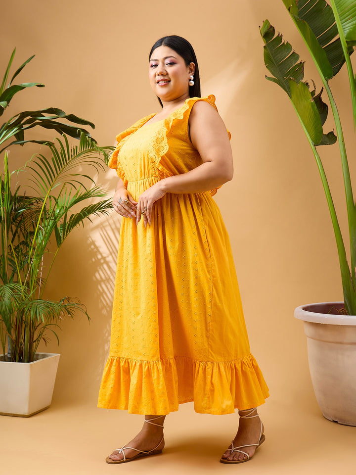 Yellow Schiffli Frill Shoulder Midi Dress-SASSAFRAS Curve