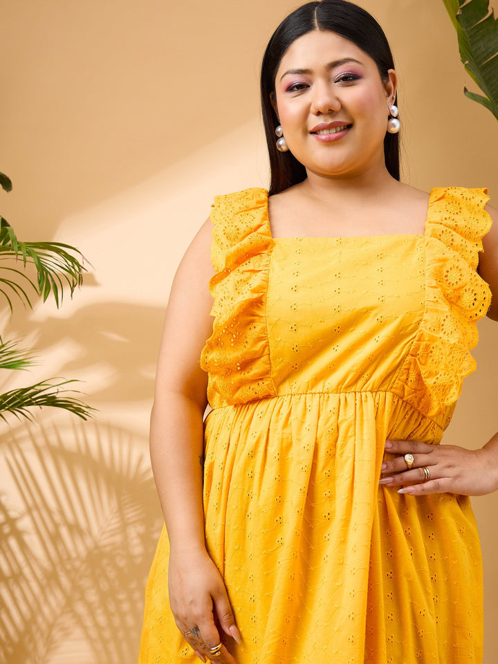 Yellow Schiffli Frill Shoulder Midi Dress-SASSAFRAS Curve