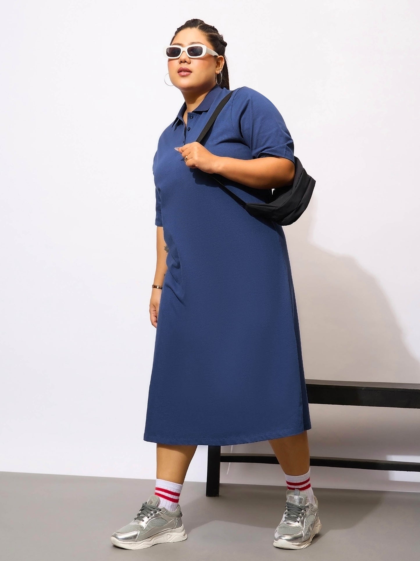 Navy Blue Polo Neck T Shirt Dress
