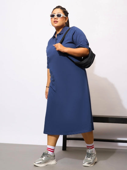 Navy Blue Polo Neck T Shirt Dress