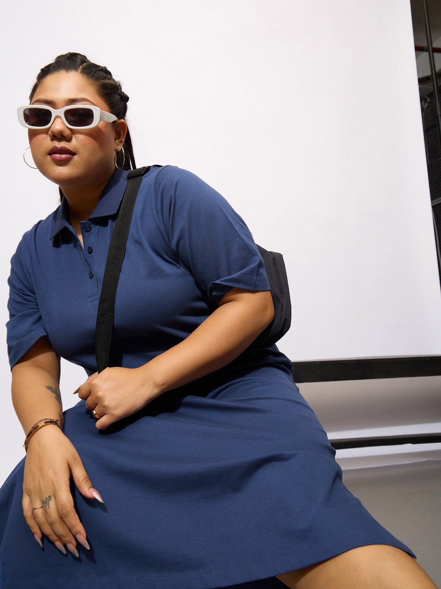 Navy Blue Polo Neck T Shirt Dress