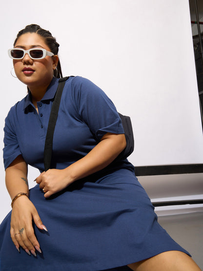 Navy Blue Polo Neck T Shirt Dress