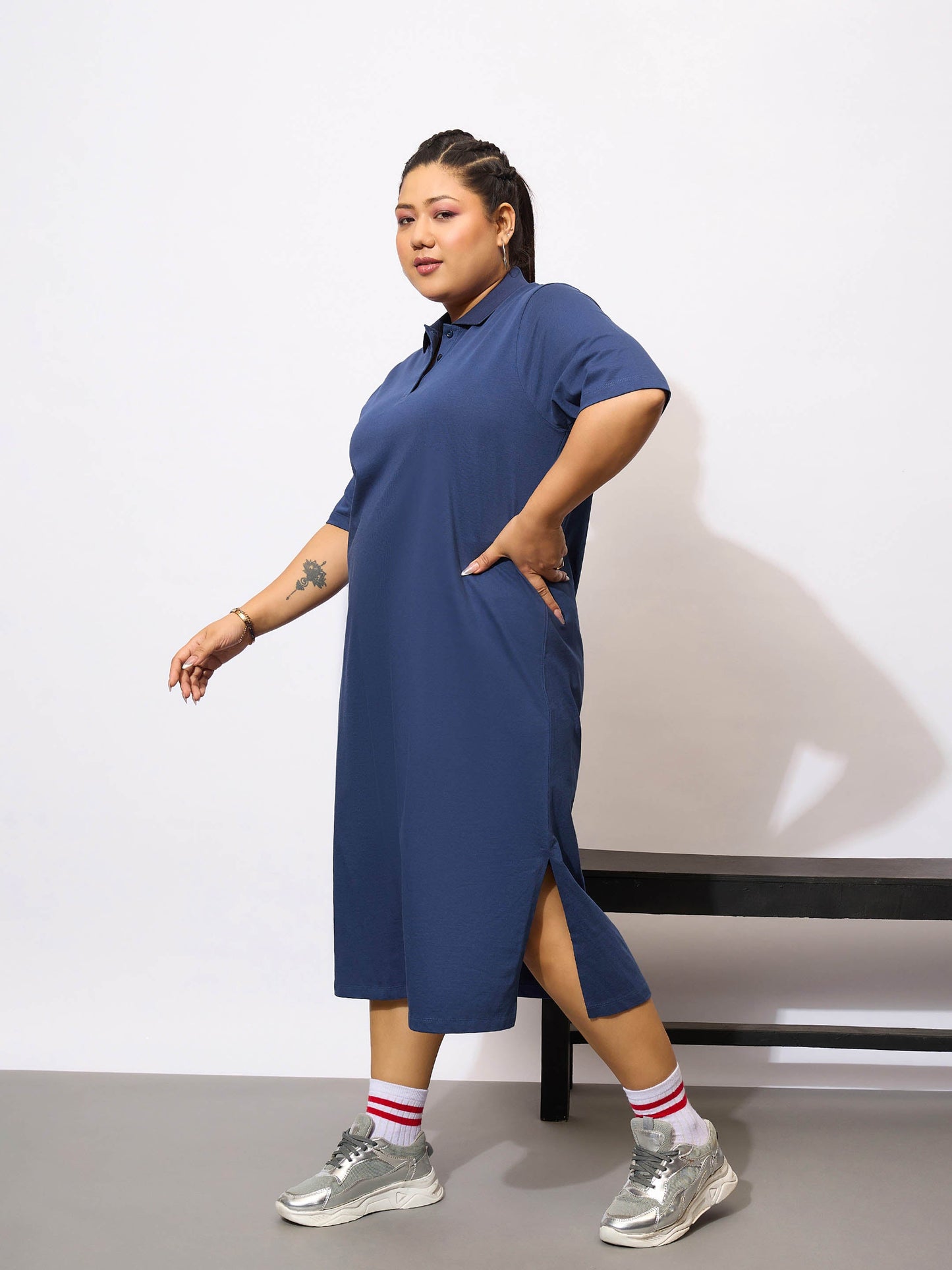 Navy Blue Polo Neck T Shirt Dress