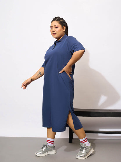 Navy Blue Polo Neck T Shirt Dress