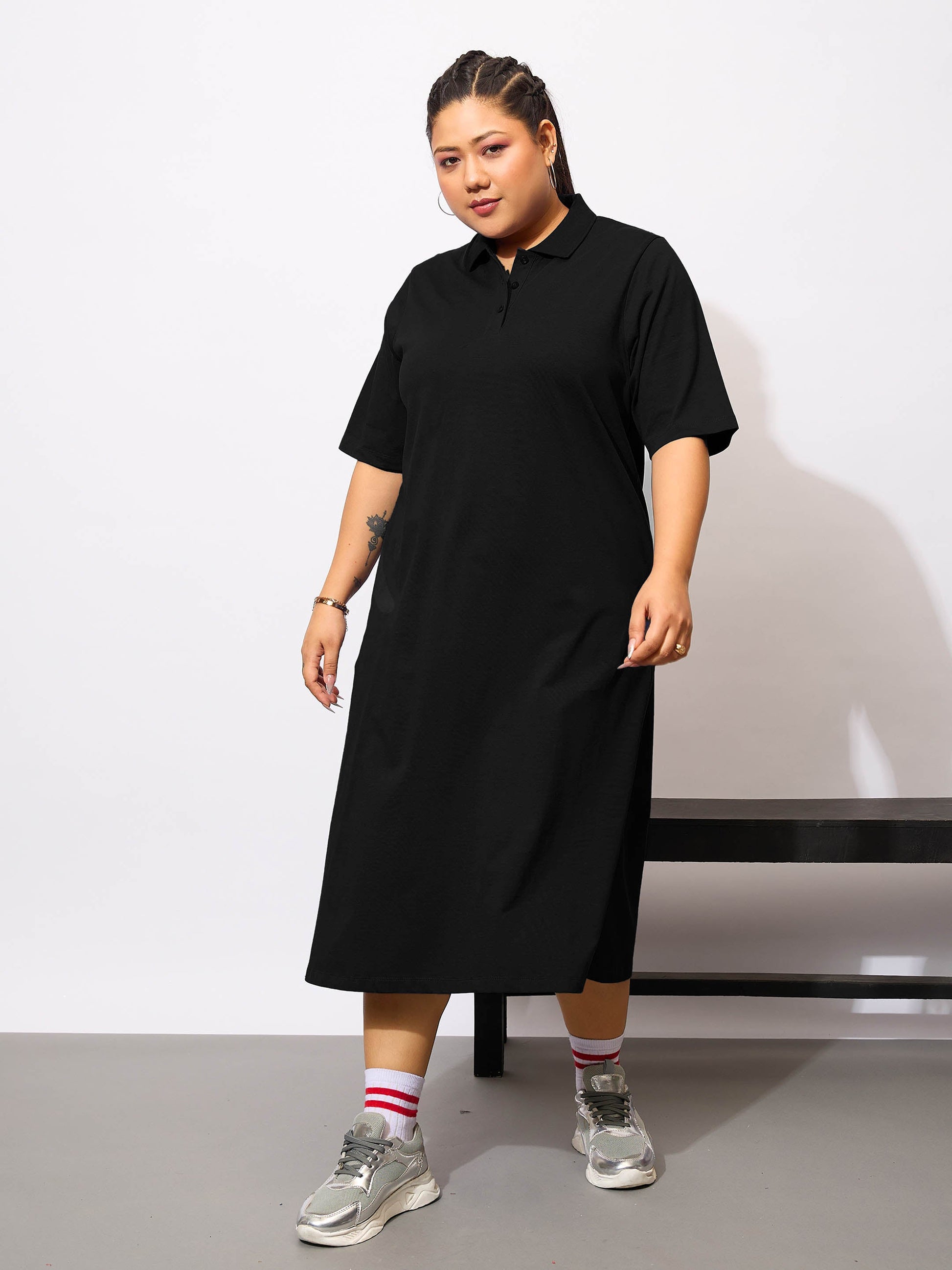 Plus size women's Black 100% Cotton Black Polo Neck T Shirt Dress by Sassafras Curve for wholesale buyers, boutiques, resellers and bulk orders from