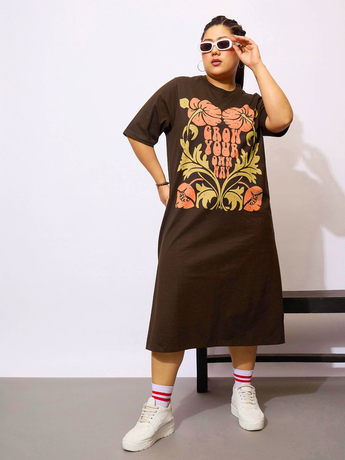 Plus size women's Brown 100% Cotton Brown Grow Your Own Way T Shirt Dress by Sassafras Curve for wholesale buyers, boutiques, resellers and bulk