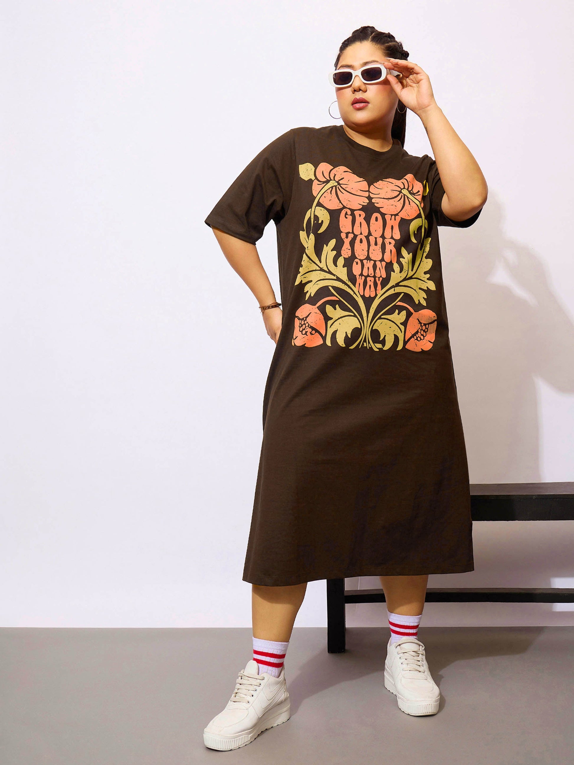 Plus size women's Brown 100% Cotton Brown Grow Your Own Way T Shirt Dress by Sassafras Curve for wholesale buyers, boutiques, resellers and bulk