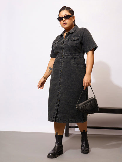 Plus size women's Black Denim Black Denim Acid Wash Front Button Shirt Dress by Sassafras Curve for wholesale buyers, boutiques, resellers and bulk