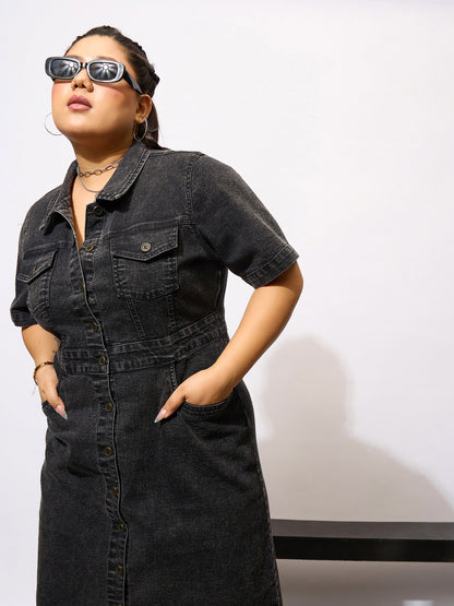 Black Denim Acid Wash Front Button Shirt Dress-SASSAFRAS Curve