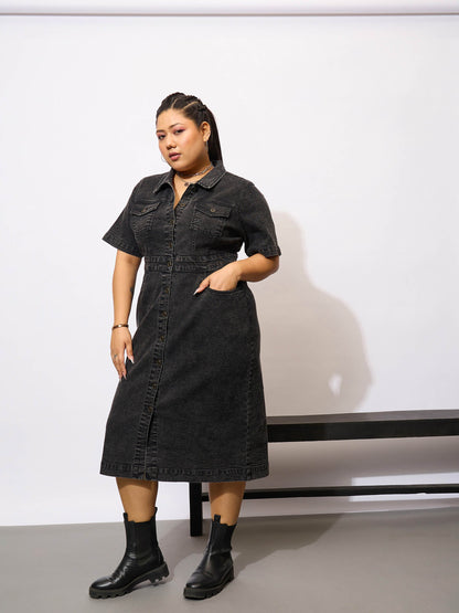 Black Denim Acid Wash Front Button Shirt Dress-SASSAFRAS Curve