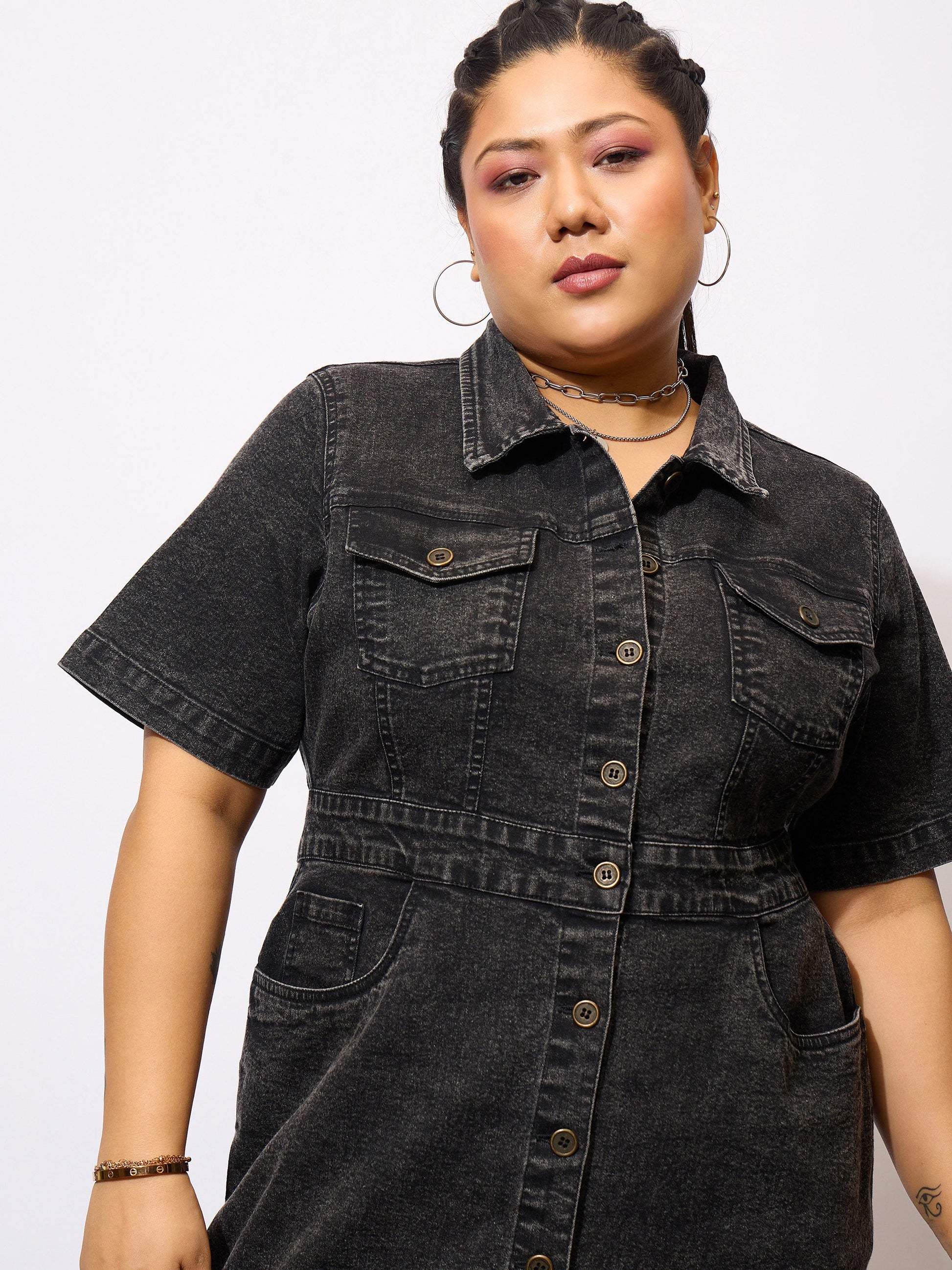 Black Denim Acid Wash Front Button Shirt Dress-SASSAFRAS Curve