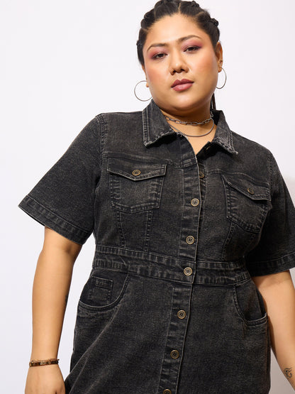 Black Denim Acid Wash Front Button Shirt Dress-SASSAFRAS Curve
