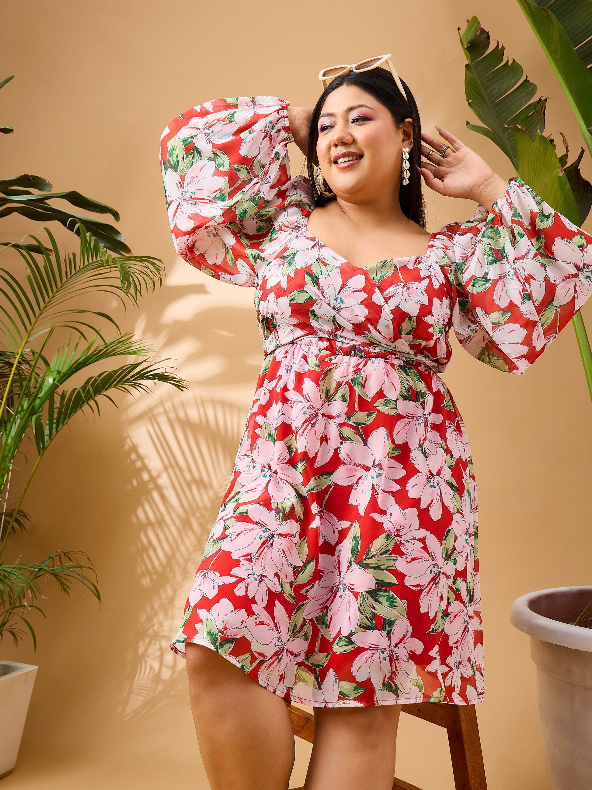 Plus size women's Red Georgette Red Floral Sweetheart Neck Skater Dress by Sassafras Curve for wholesale buyers, boutiques, resellers and bulk orders