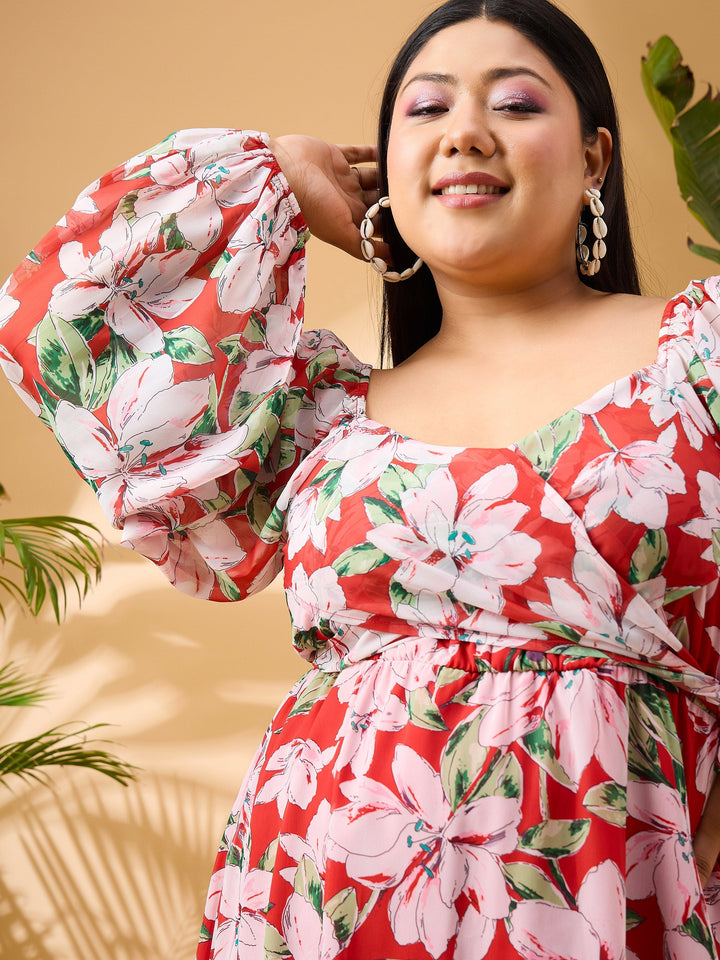 Red Floral Sweetheart Neck Skater Dress-SASSAFRAS Curve