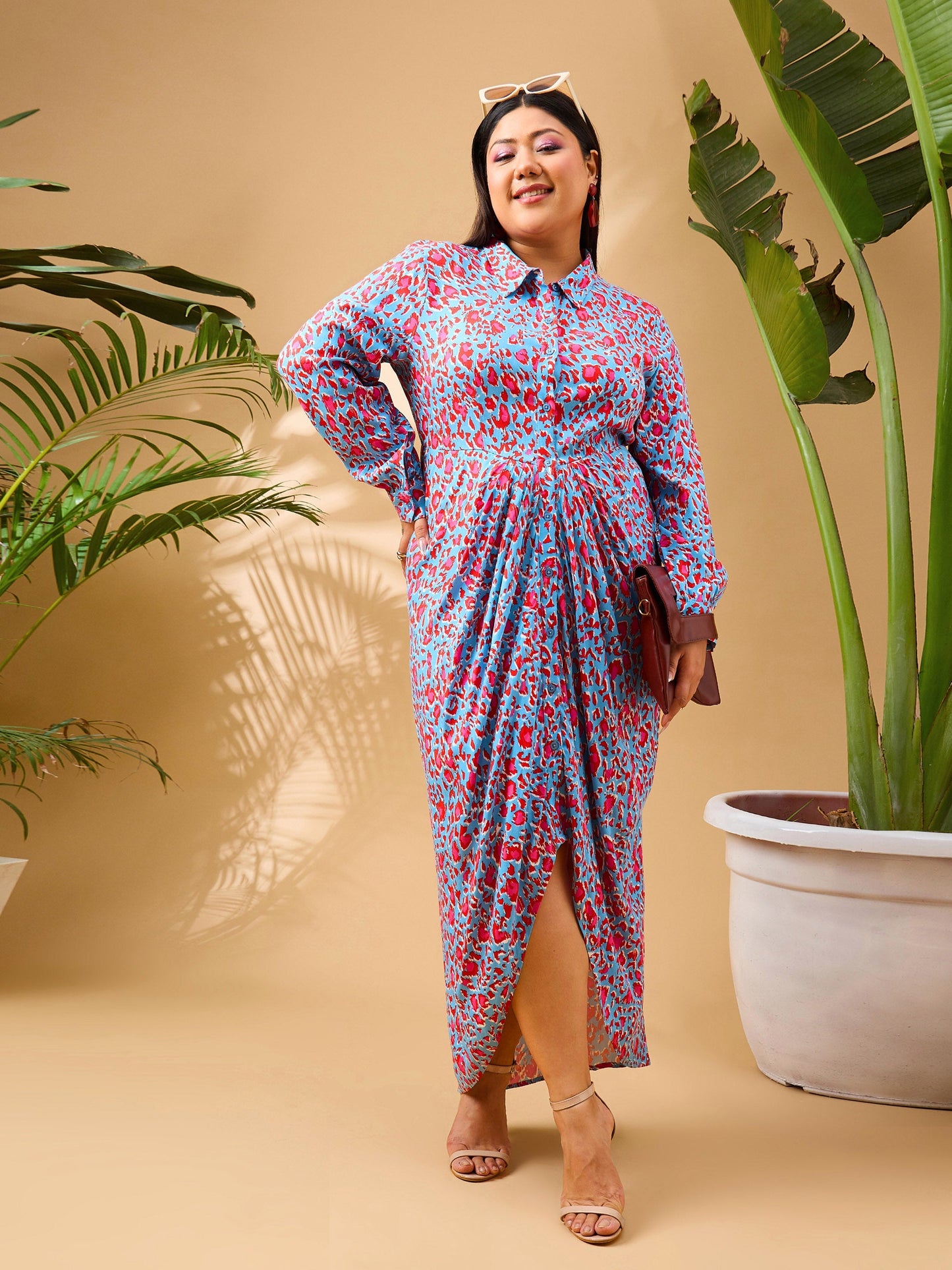 Blue & Red Print Front Button Midi Dress