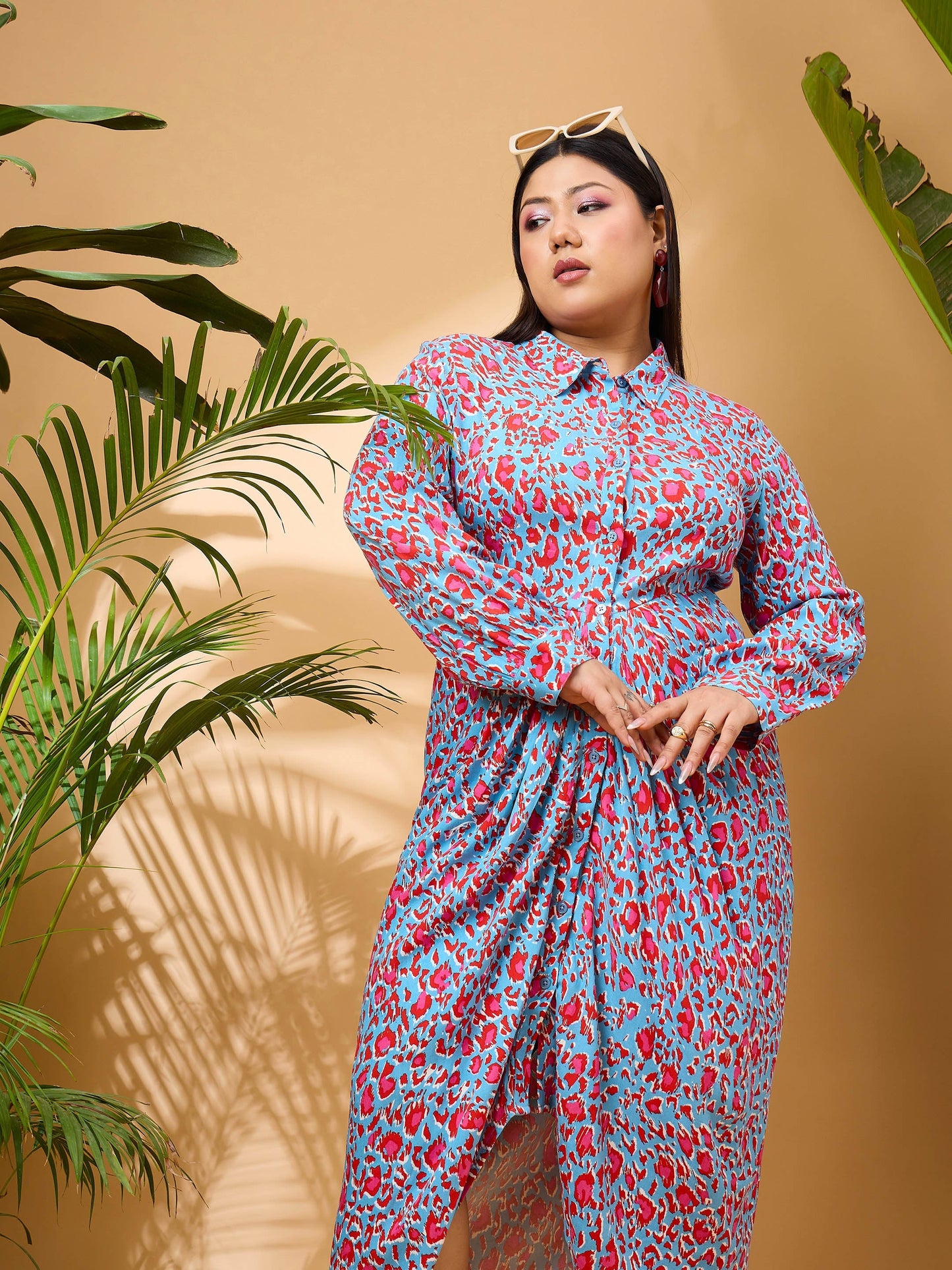 Blue & Red Print Front Button Midi Dress