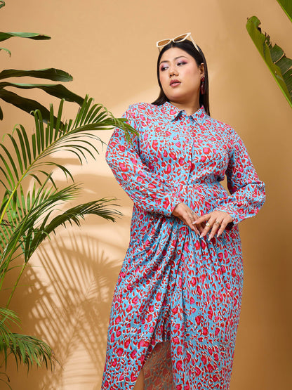 Blue & Red Print Front Button Midi Dress