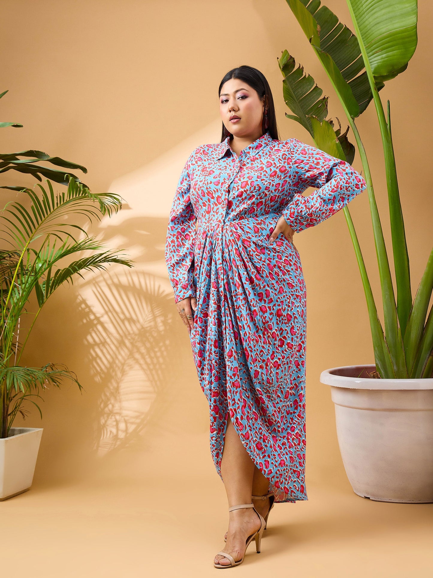 Blue & Red Print Front Button Midi Dress