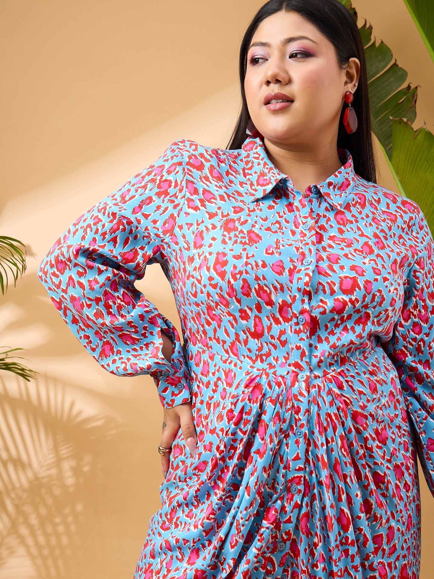 Blue & Red Print Front Button Midi Dress