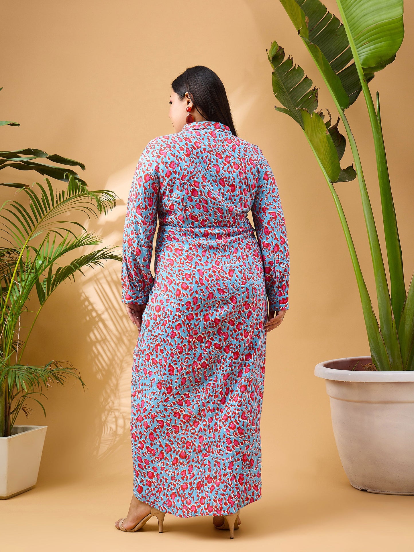 Blue & Red Print Front Button Midi Dress