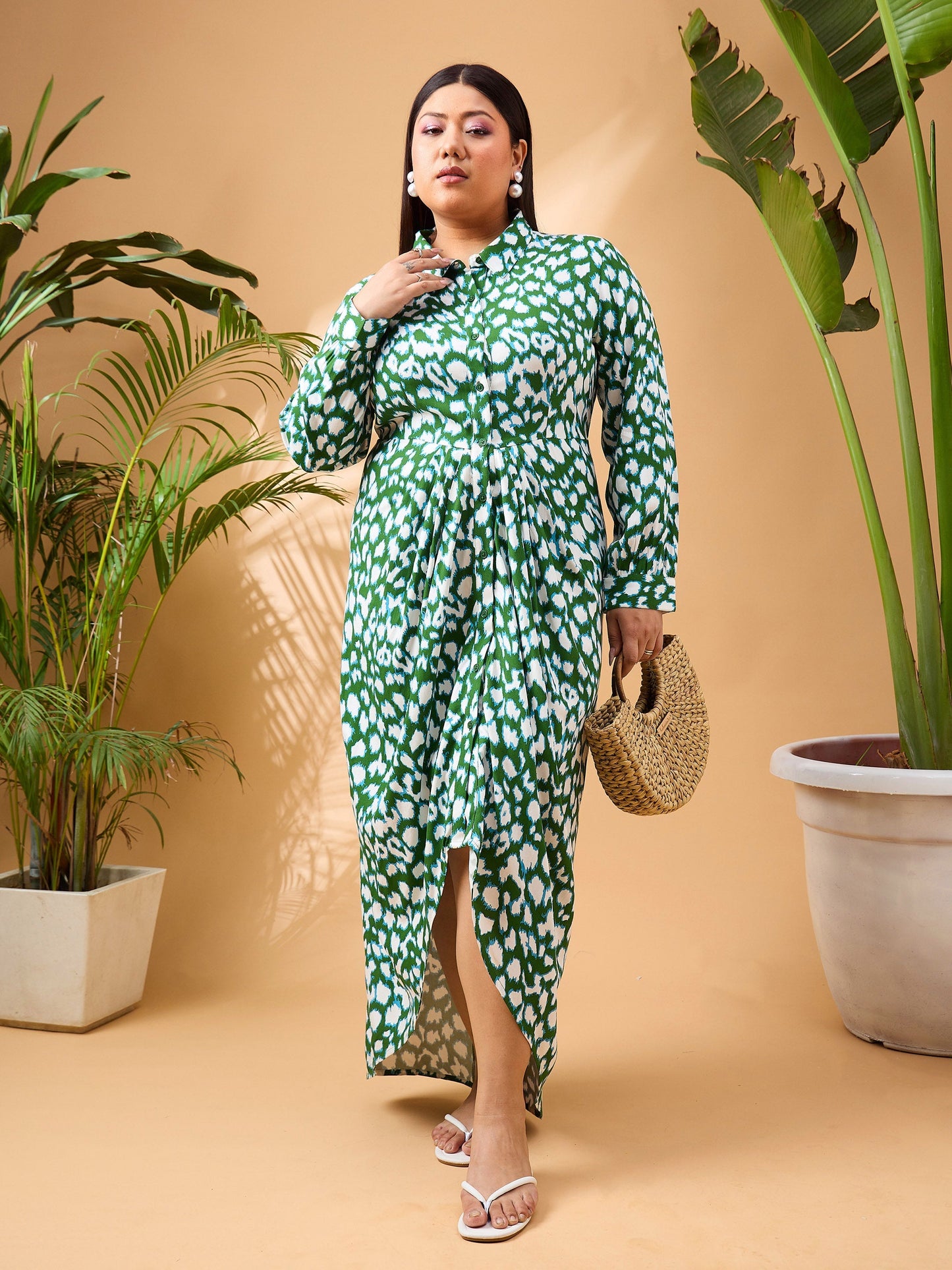 Green & White Print Button Open Midi Dress