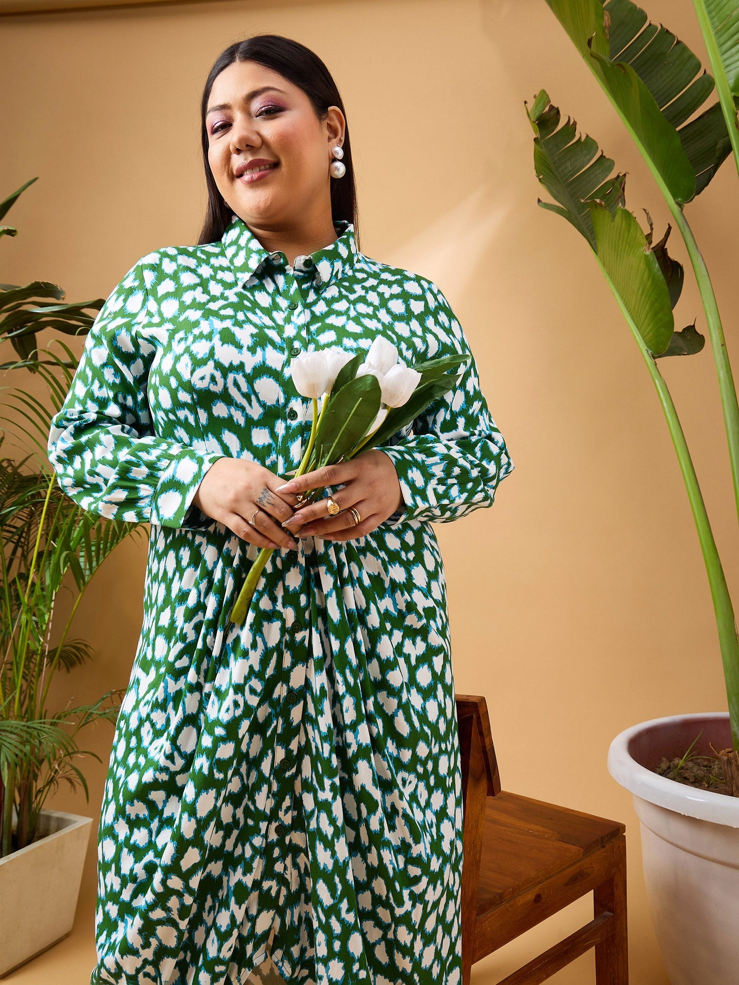 Green & White Print Button Open Midi Dress