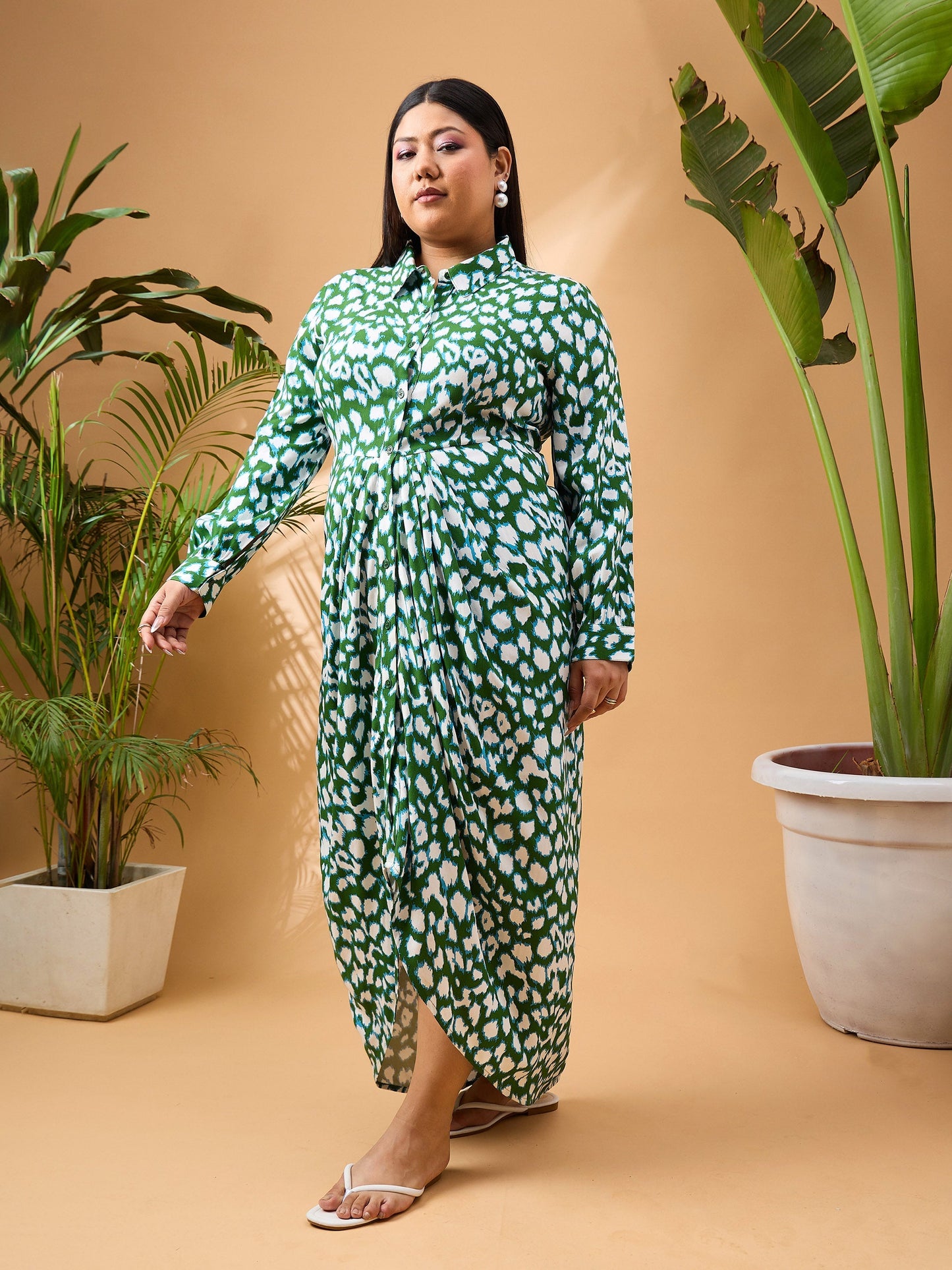 Green & White Print Button Open Midi Dress