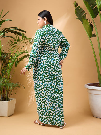 Green & White Print Button Open Midi Dress