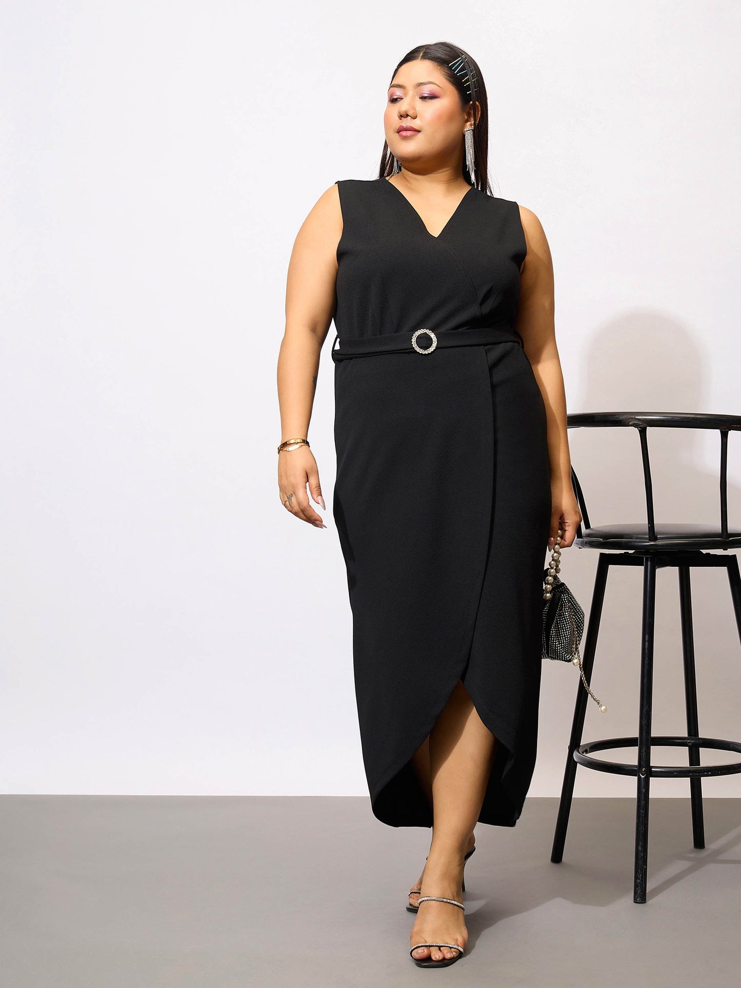 Black Front Wrap Bodycon Dress