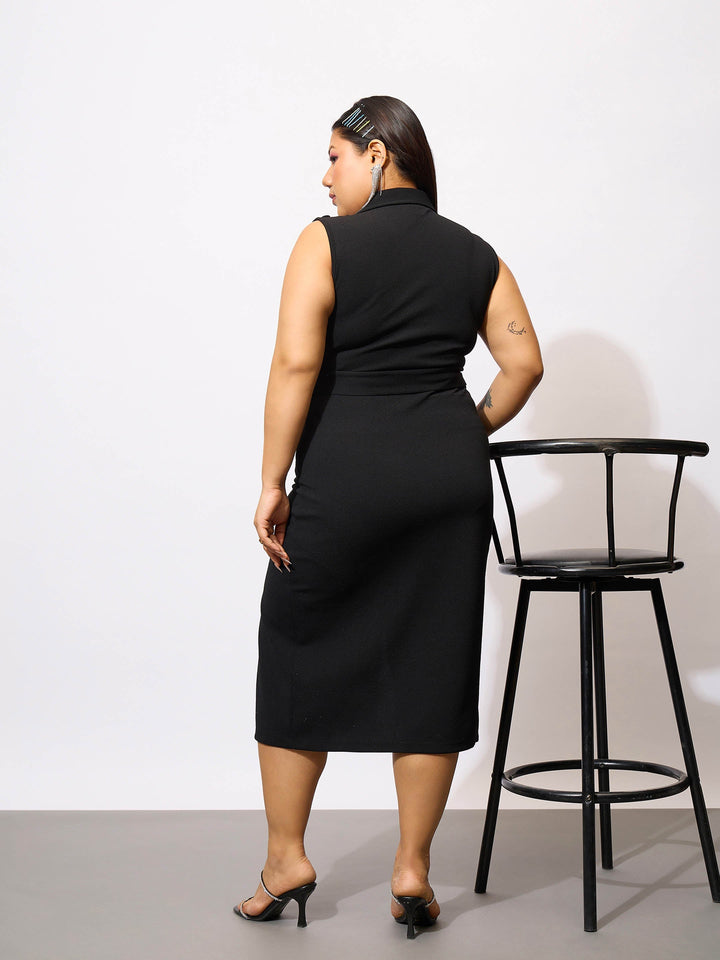 Black Front Mock Button Bodycon Dress-SASSAFRAS Curve
