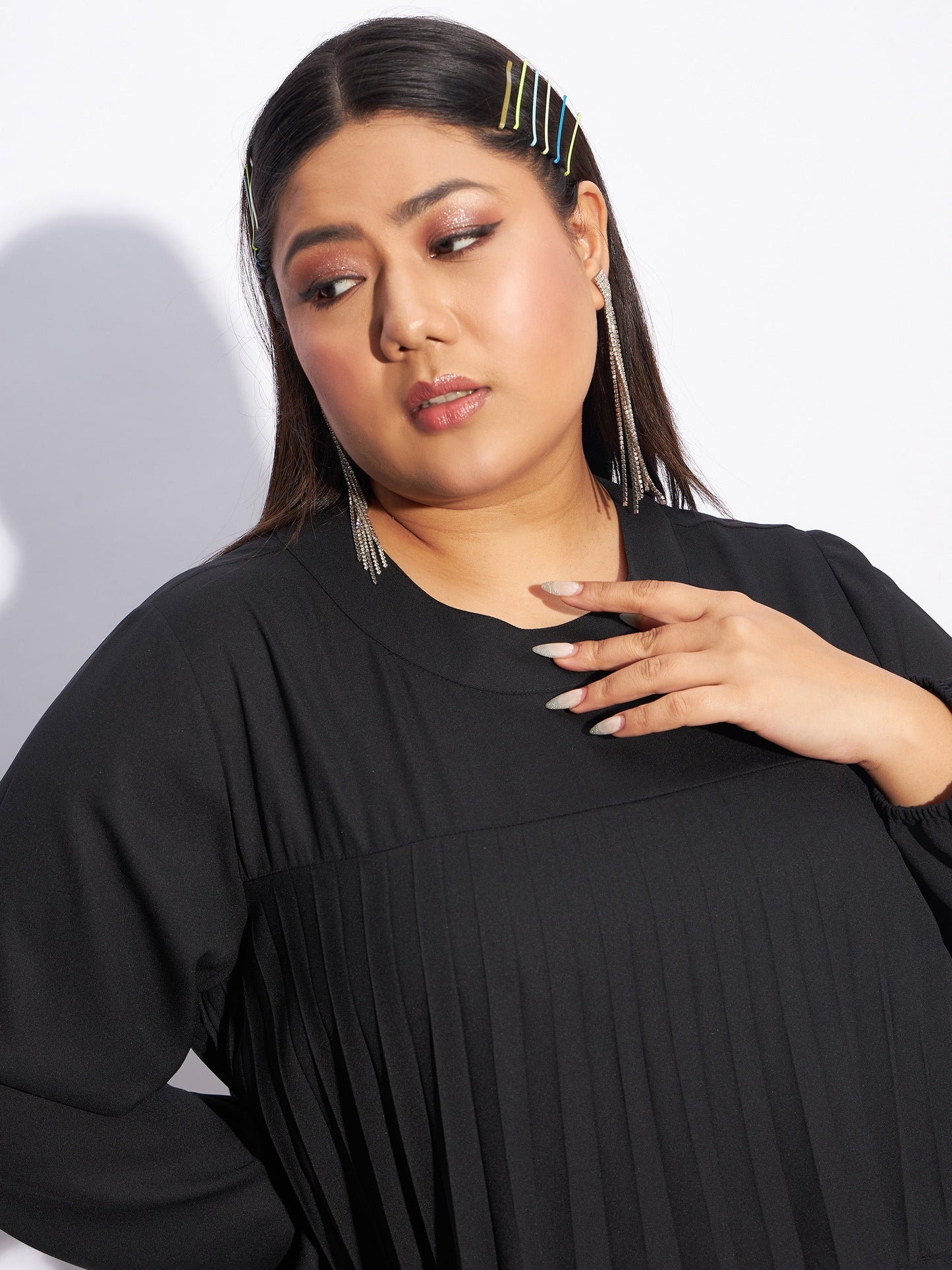 Black Pleated Skater Tiered Dress-SASSAFRAS Curve