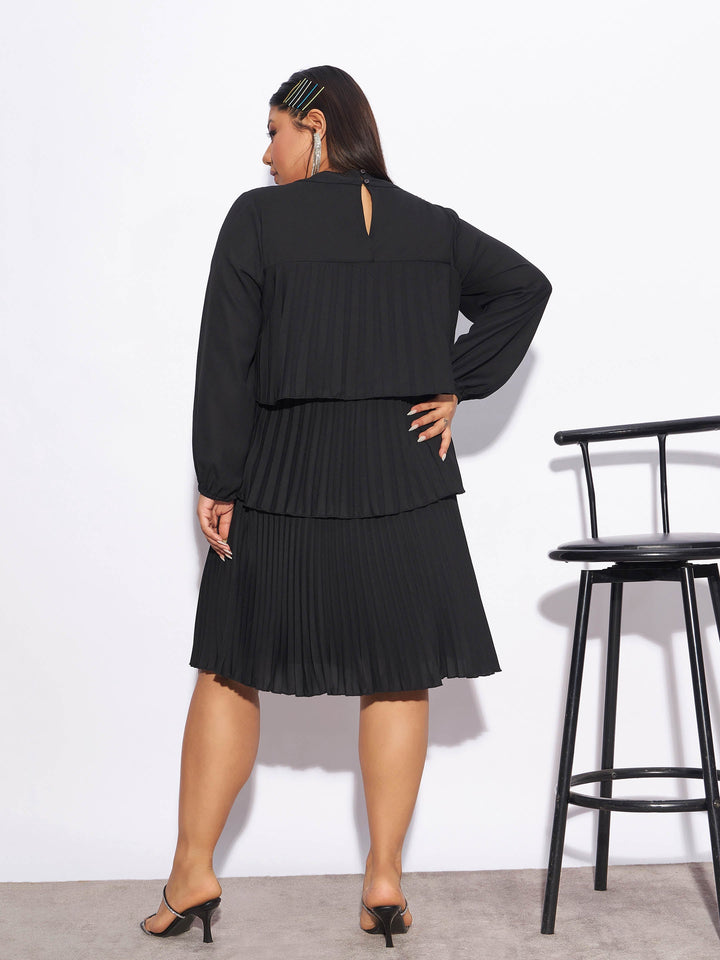 Black Pleated Skater Tiered Dress-SASSAFRAS Curve