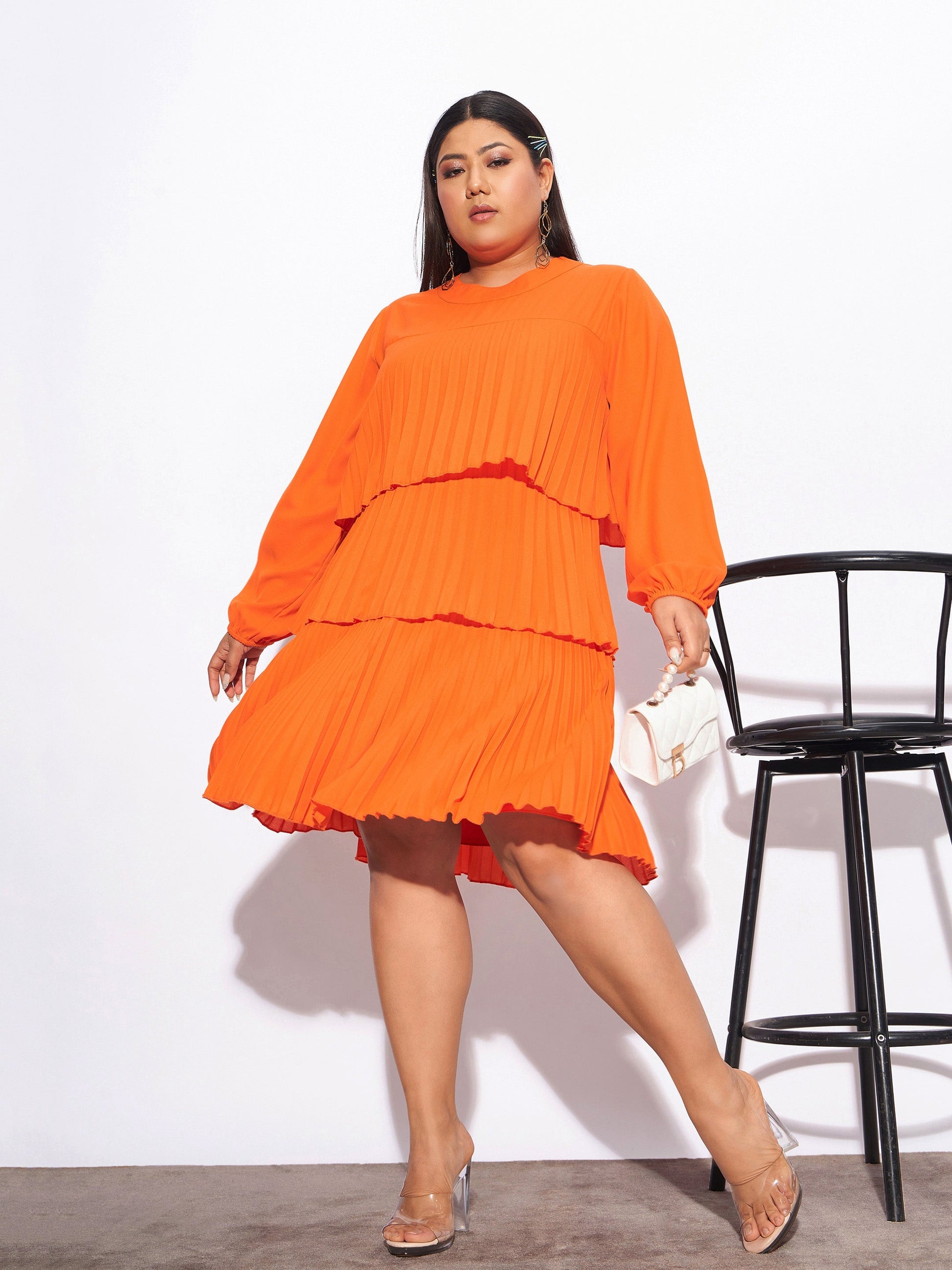 Plus size women's Orange Georgette Orange Pleated Skater Tiered Dress by Sassafras Curve for wholesale buyers, boutiques, resellers and bulk orders