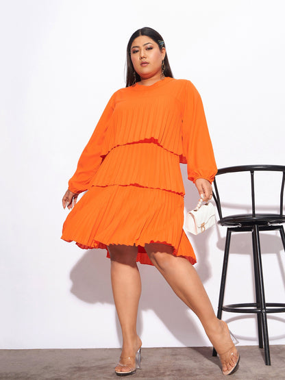 Plus size women's Orange Georgette Orange Pleated Skater Tiered Dress by Sassafras Curve for wholesale buyers, boutiques, resellers and bulk orders