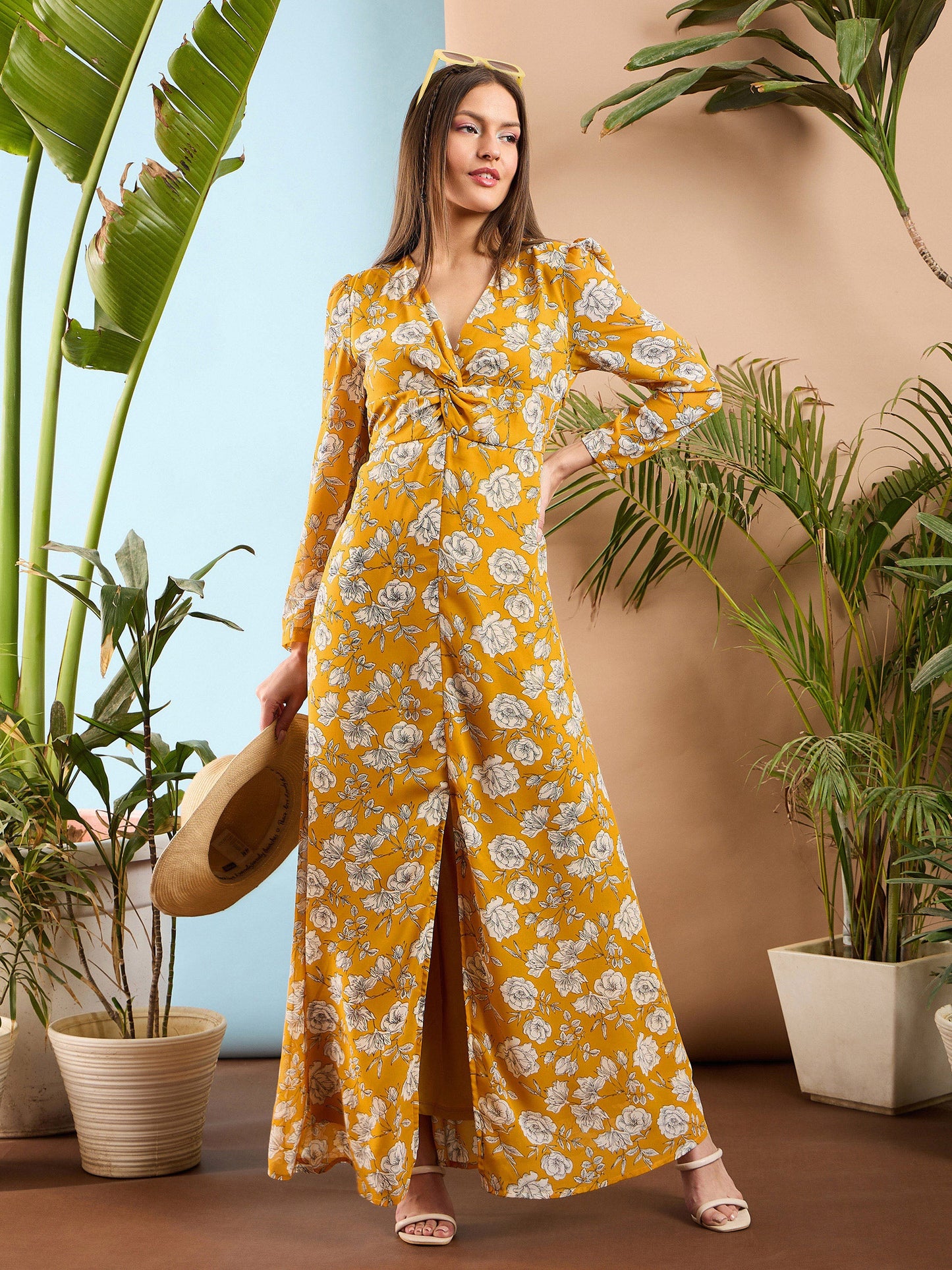 Yellow Floral Front Twisted Maxi Dress