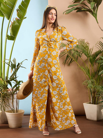Yellow Floral Front Twisted Maxi Dress