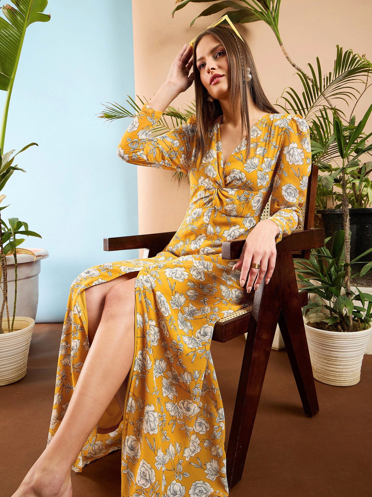 Yellow Floral Front Twisted Maxi Dress