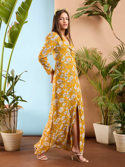 Yellow Floral Front Twisted Maxi Dress
