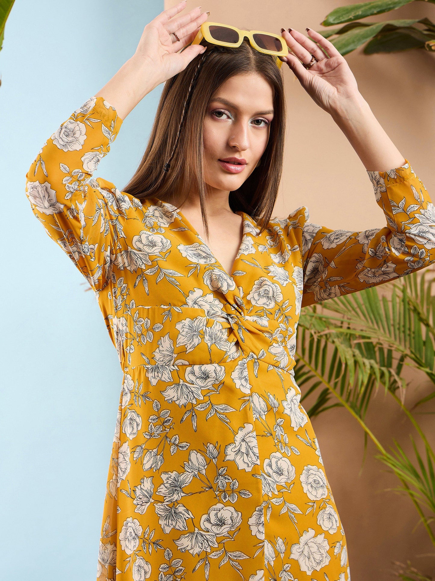 Yellow Floral Front Twisted Maxi Dress