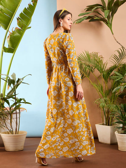 Yellow Floral Front Twisted Maxi Dress