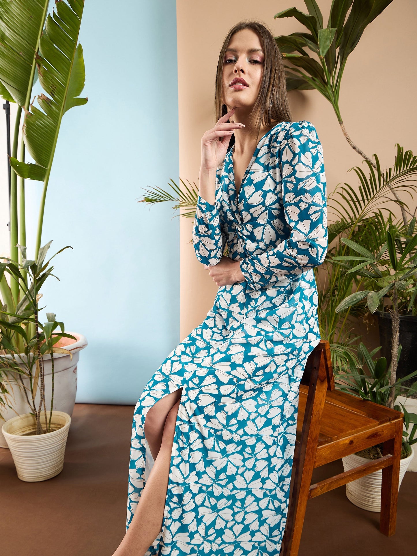 Blue Floral Front Twisted Maxi Dress