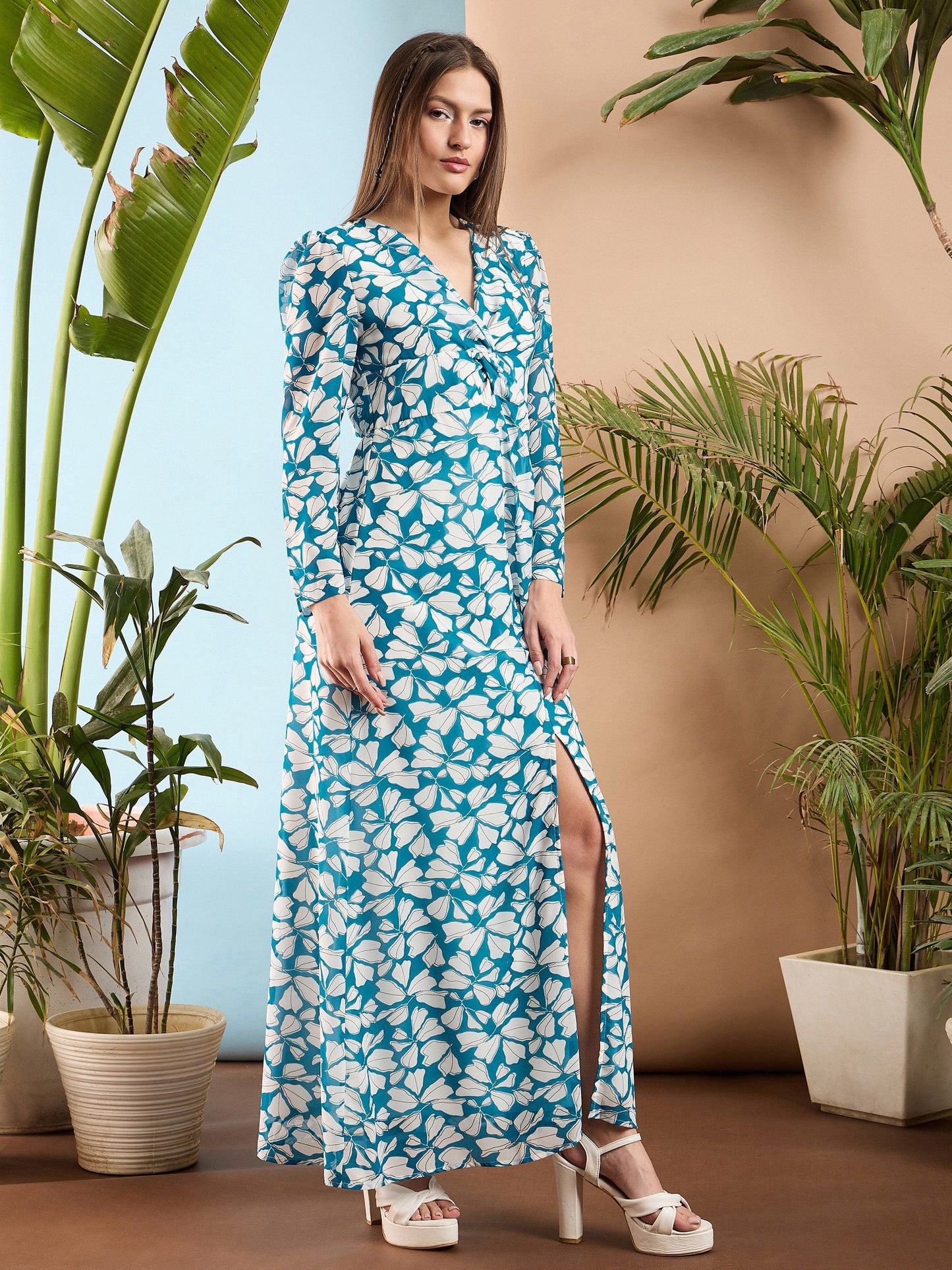 Blue Floral Front Twisted Maxi Dress