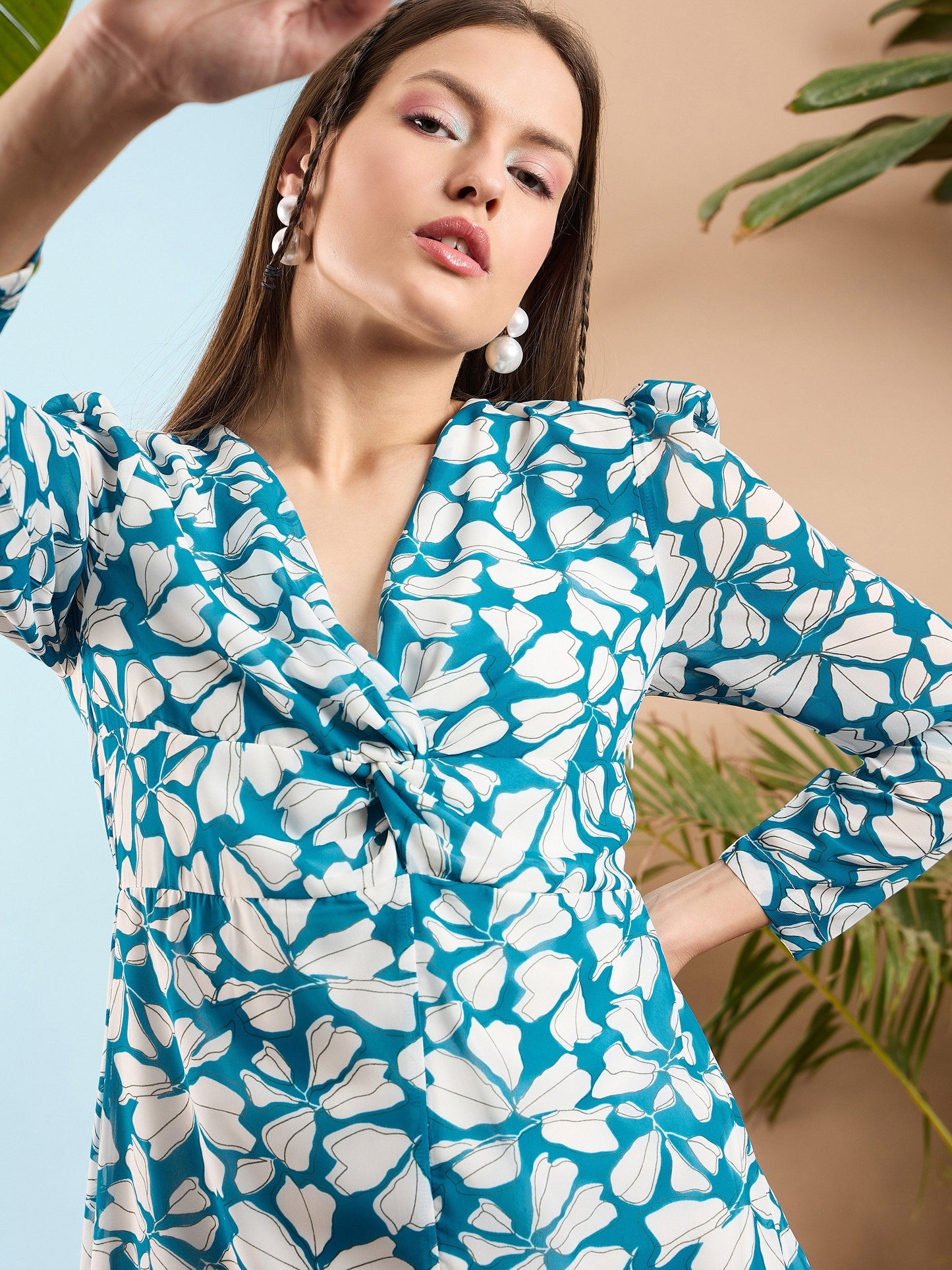 Blue Floral Front Twisted Maxi Dress
