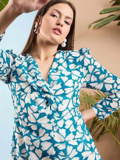 Blue Floral Front Twisted Maxi Dress