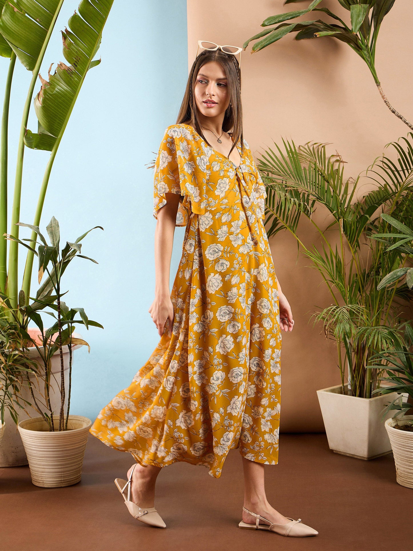 Women Yellow Floral Front Tie Midi Dress