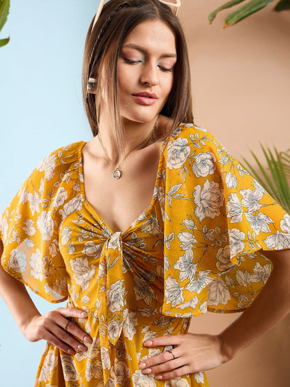 Women Yellow Floral Front Tie Midi Dress